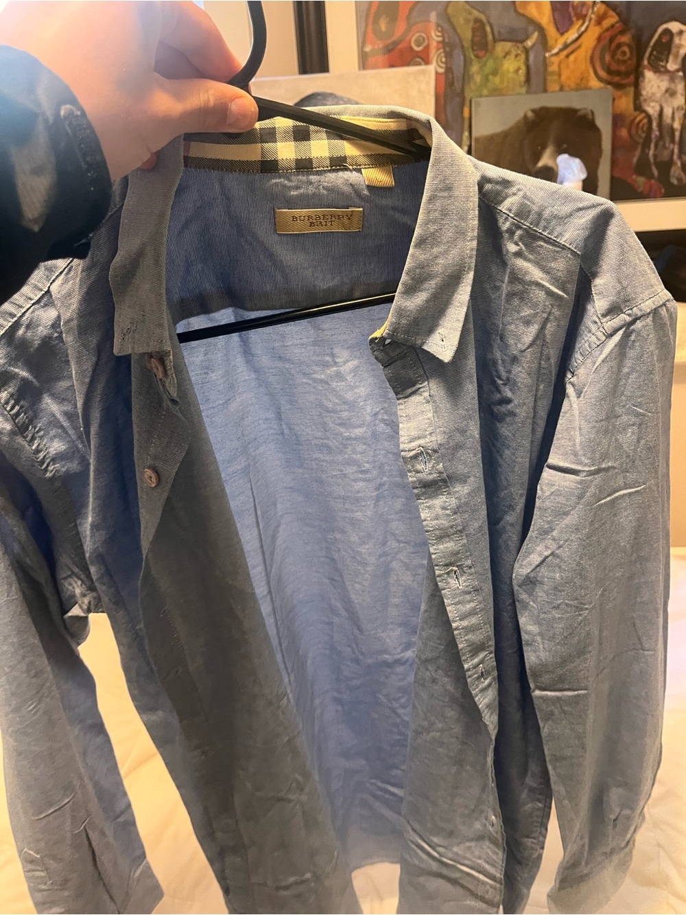 Burberry Light Blue Men's Button-Down Shirt Jacket with Check Trim